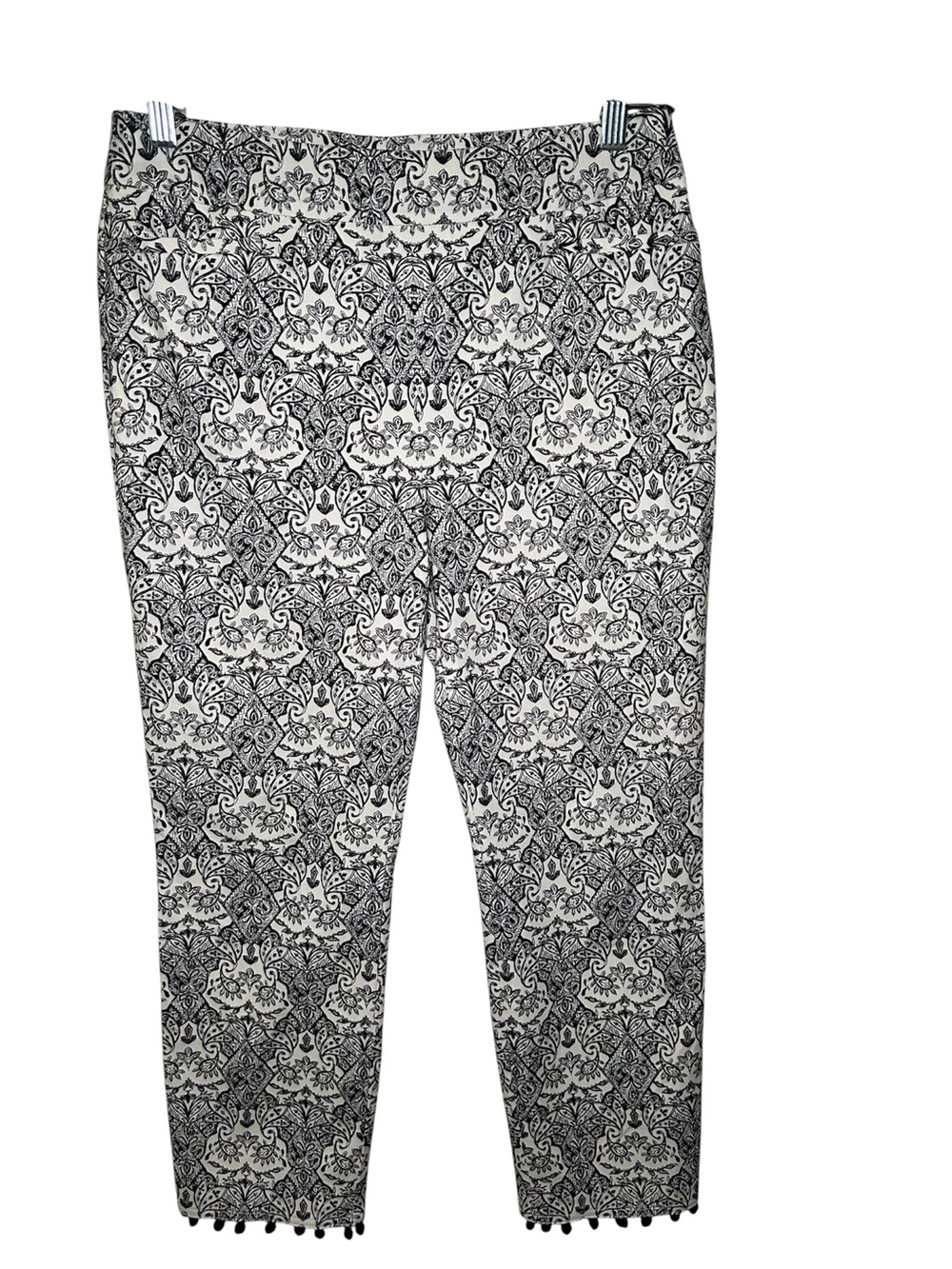 Chicos Black and White Patterned Stretch Dress Pants Fringe Ankle Country Chic